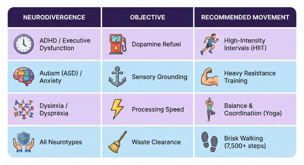 Comparative chart of BDNF for Neurodiversity protocols showing exercise types, biological objectives, and recommended movements for ADHD, Autism, and Dyslexia.
