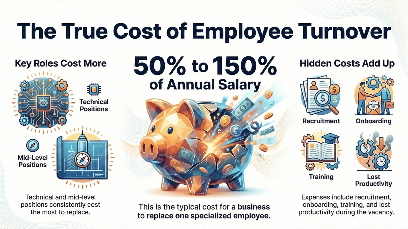 Employee turnover costs: financial impact of 50% to 150% of annual salary in key roles and technical positions. Employee turnover costs: financial impact of 50% to 150% of annual salary in key roles and technical positions.