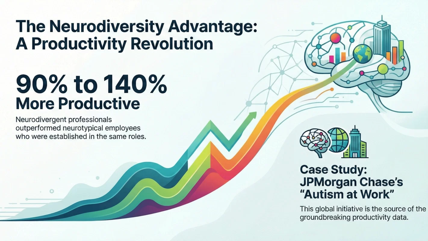Infografía sobre la Ventaja de la Neurodiversidad: estudio de JPMorgan Chase que demuestra un aumento de productividad del 90% al 140% mediante la Neuro-Inclusión Radical en Sophira Hub. Ventaja de la Neurodiversidad: estudio de JPMorgan Chase que demuestra un aumento de productividad del 90% al 140% mediante la Neuro-Inclusión Radical en Sophira Hub.