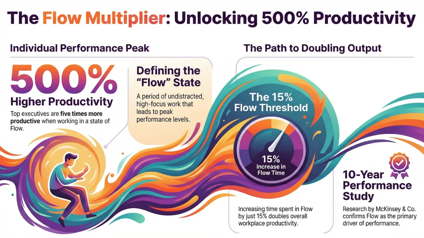 Infographic on Flow State and 500% productivity based on applied neuroscience for Human Sustainability at Sophira Hub. Infographic on Flow State and 500% productivity based on applied neuroscience for Human Sustainability.