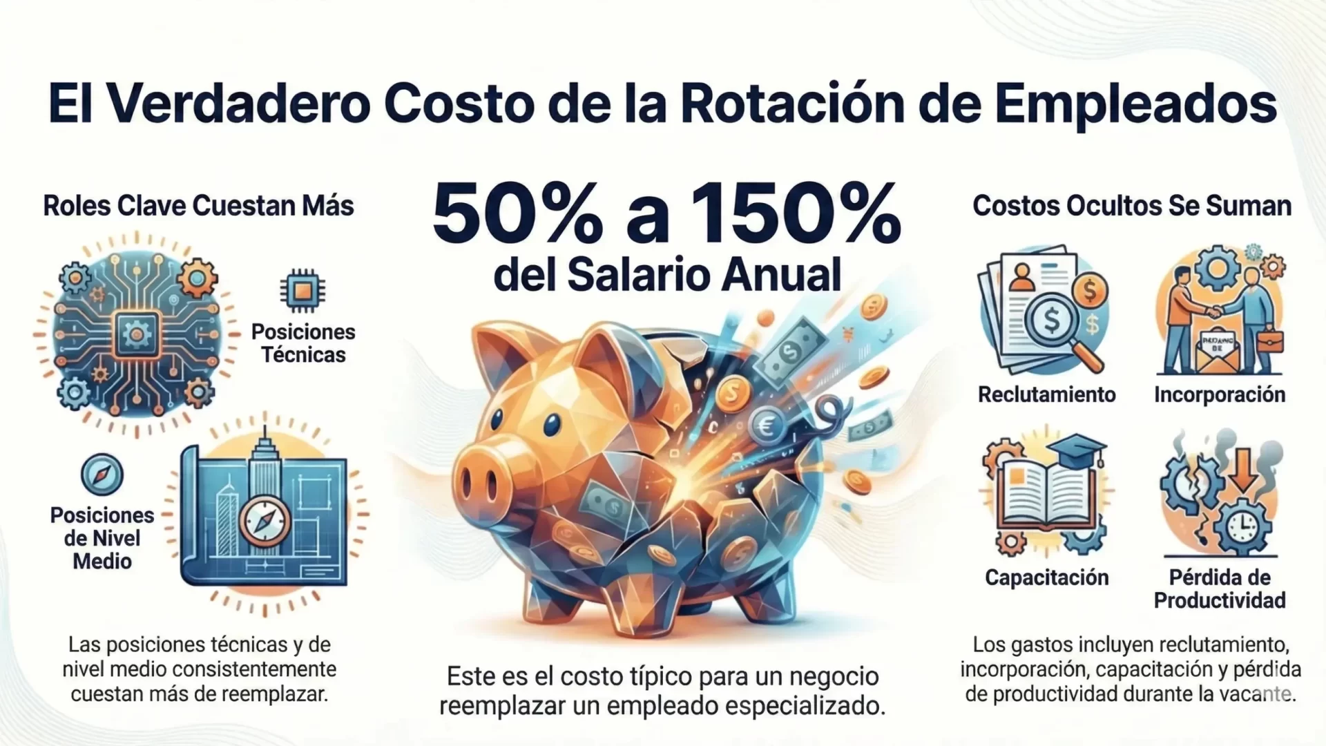 Costo de rotación de empleados: impacto financiero del 50% al 150% del salario anual en roles clave y posiciones técnicas.