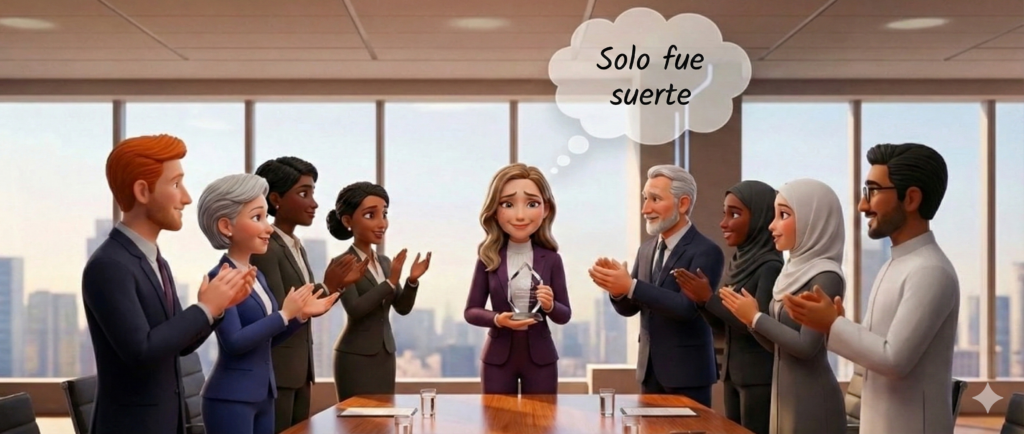 Líder de Sophira Hub recibiendo un premio en una sala de juntas mientras el equipo aplaude, ilustrando el síndrome del impostor y neurobiología mediante un globo de pensamiento que dice "fue solo suerte". La imagen representa el secuestro amigdalino y el impuesto del masking en entornos de alto rendimiento.