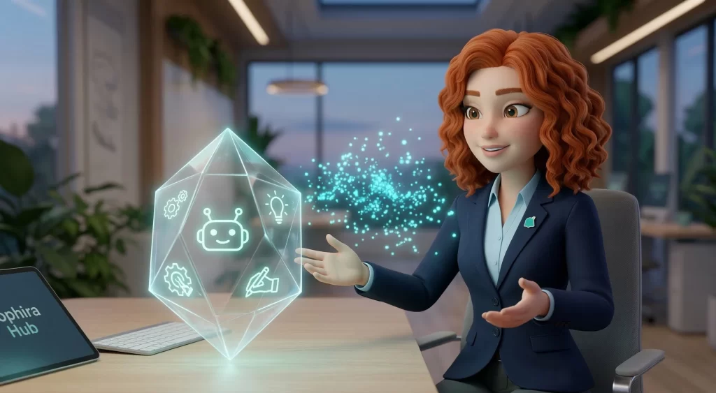 Profesional interactuando con una interfaz de IA amigable para la optimización del flujo de trabajo.