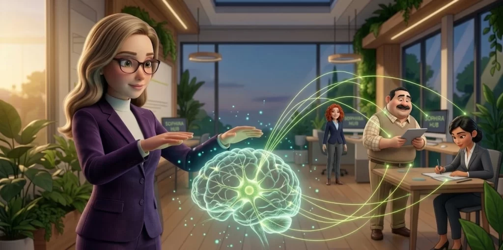 Facilitadora biológica de Sophira Hub regulando la energía cognitiva del equipo mediante neurociencia aplicada.