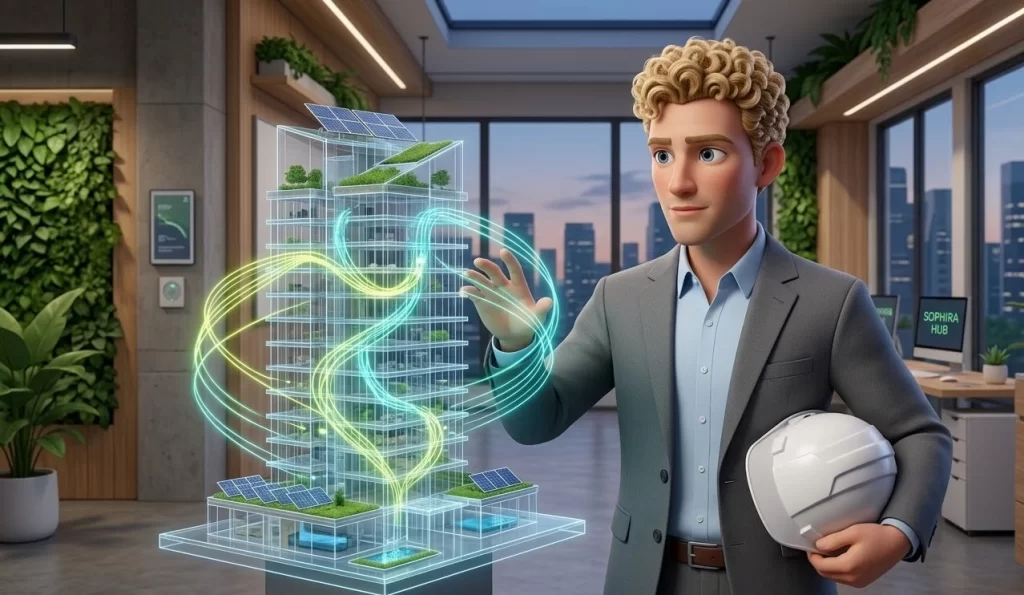 Experto en construcción sostenible analizando la resiliencia y el impacto ambiental bajo el estándar LEED v5