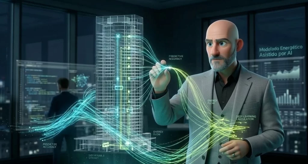 Eli realizando cálculos de precisión predictiva sobre el flujo energético de un edificio de alta eficiencia asistido por IA.