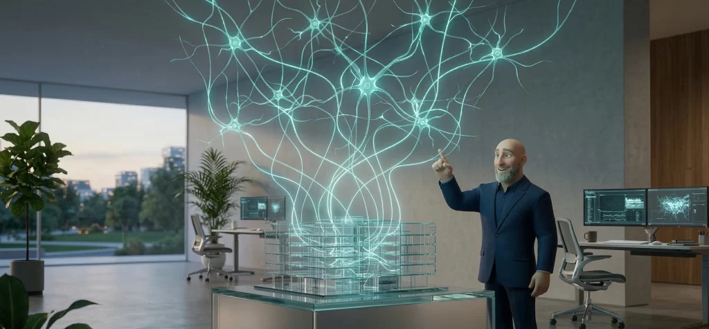 Eli analizando un modelo arquitectónico de cristal que proyecta redes neuronales, representando el diseño de espacios neuro-seguros.